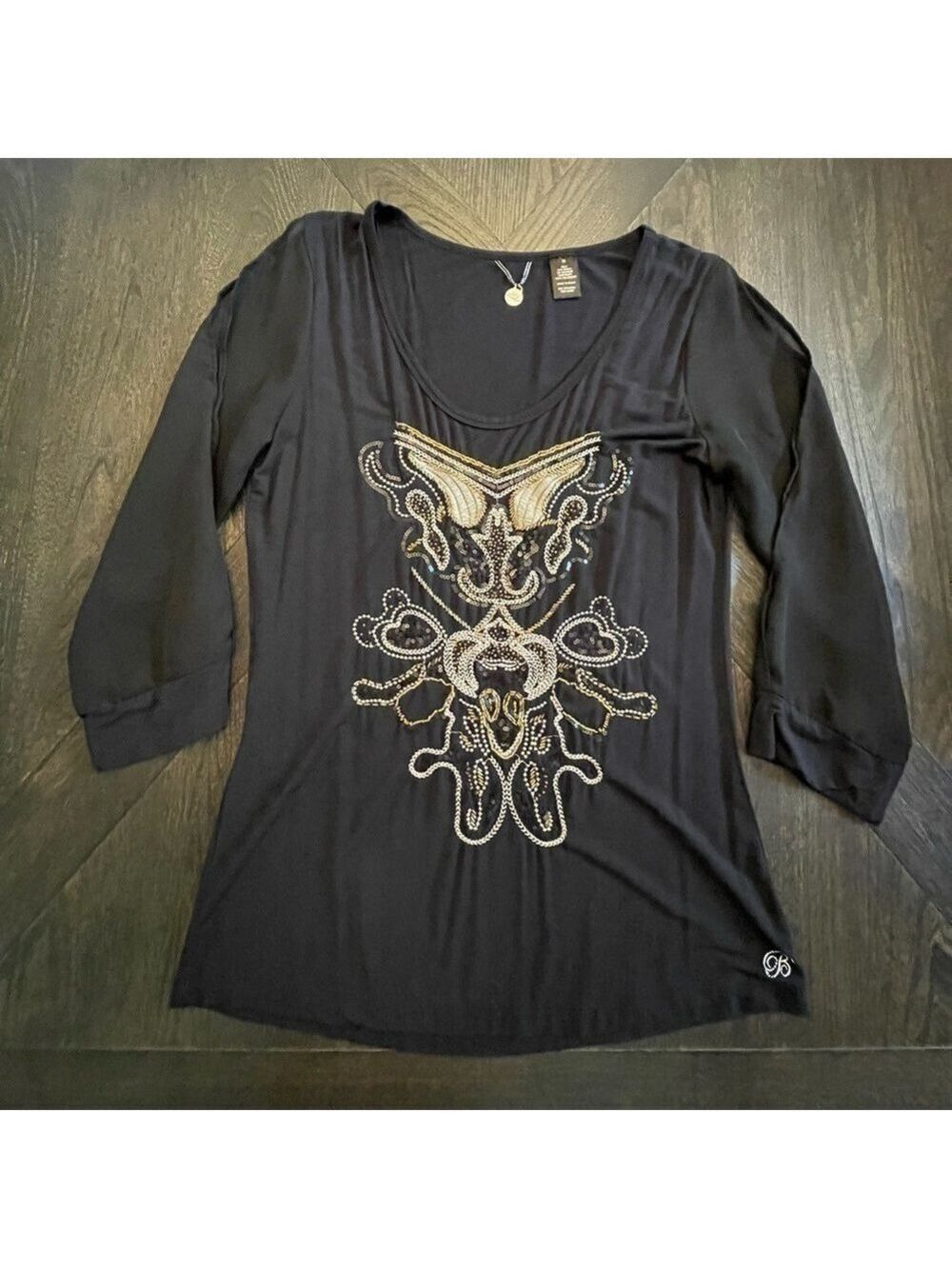 BKE Black Gold Beaded Top Medium